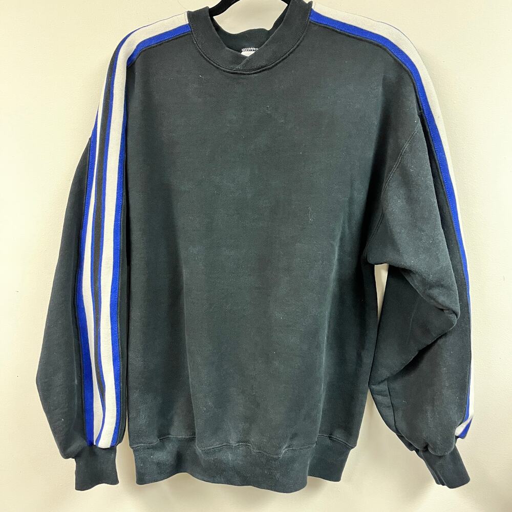 Vintage Men's Russel Athletic striped athletic sweatshirt Large Black white blue